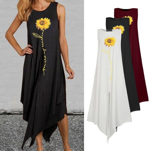Women Sleeveless Long Dress Sunflower Print Summer Sundress Asymmetrical Hem Party Casual Loose Maxi Dresses Plus Size - Shop Trendy Women's Clothing | LoverChic