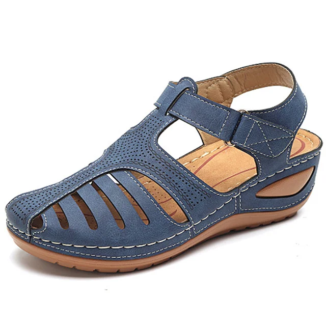 Qengg New Women Sandals Fashion Vintage Hollow Thick Sole Wedges Flats Casual Gladiator Walking Shoes Zapato Plano Mujer