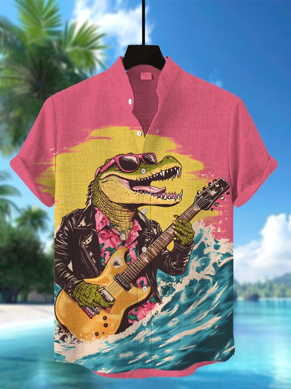 Men's Punk Crocodile Guitar Player Print Short Sleeve Shirt