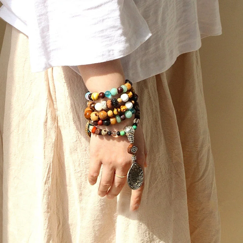 Tibet 108 Mala Beads Nine Palaces Bagua Bodhi Seed Yak Bone Vajra Harmony Bracelet