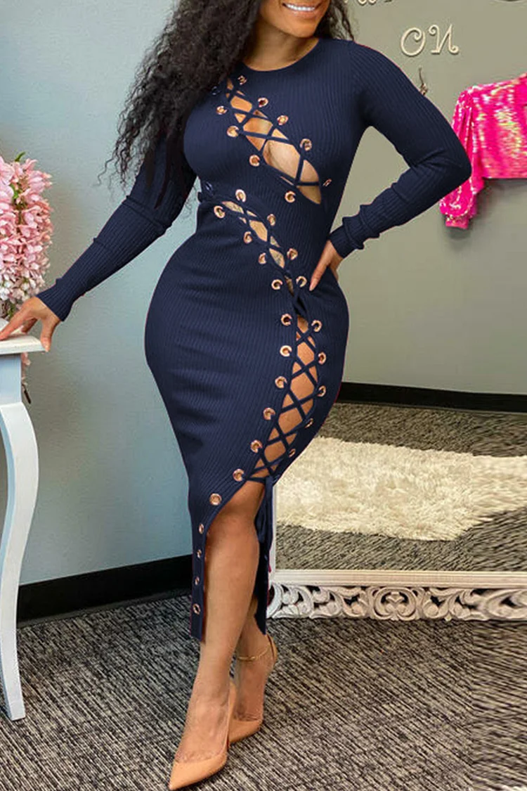 Tibetan Blue Fashion Sexy Solid Hollowed Out Frenulum O Neck Long Sleeve Dresses