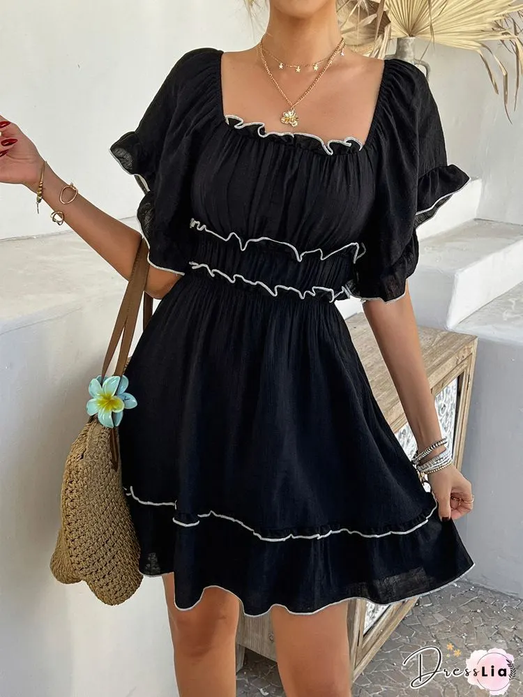 Sexy Striped V-neck Fungus Sleeve Lace-up Nightclub Dress