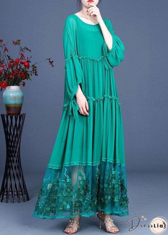 Simple Green Patchwork Lace Embroideried Hollow Out Summer Dress