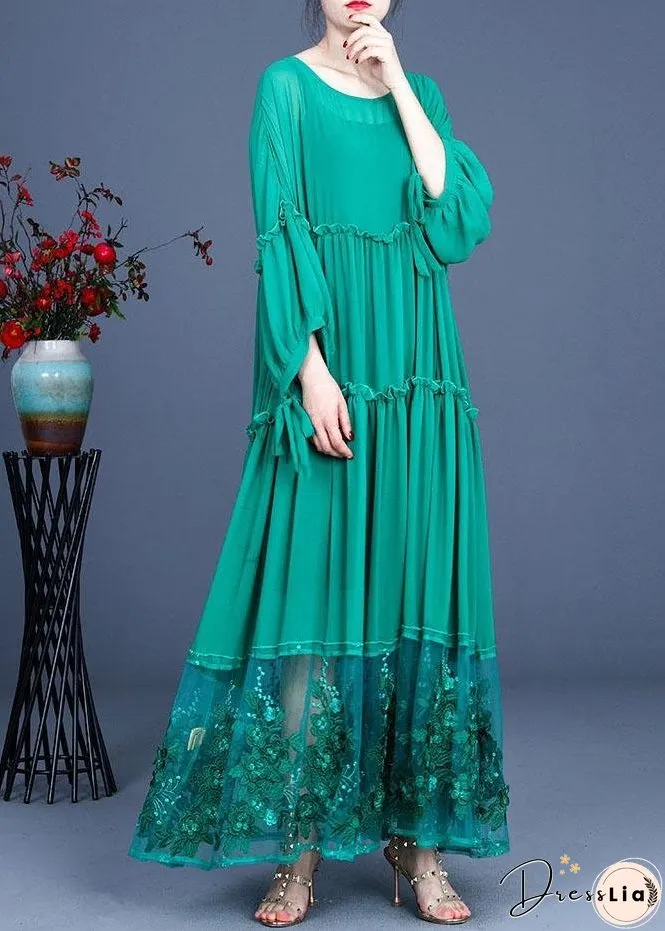 Simple Green Patchwork Lace Embroideried Hollow Out Summer Dress