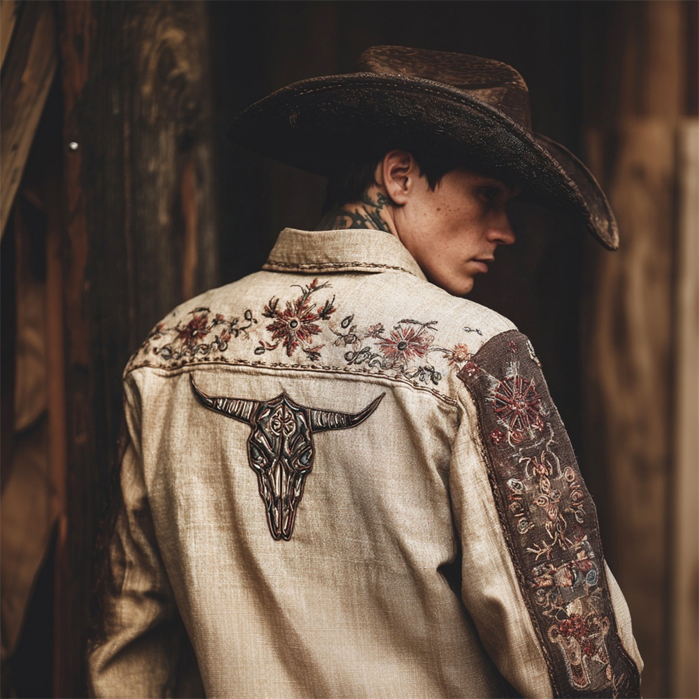 Men's Western Style Bull Skull & Floral Embroidered Jacket