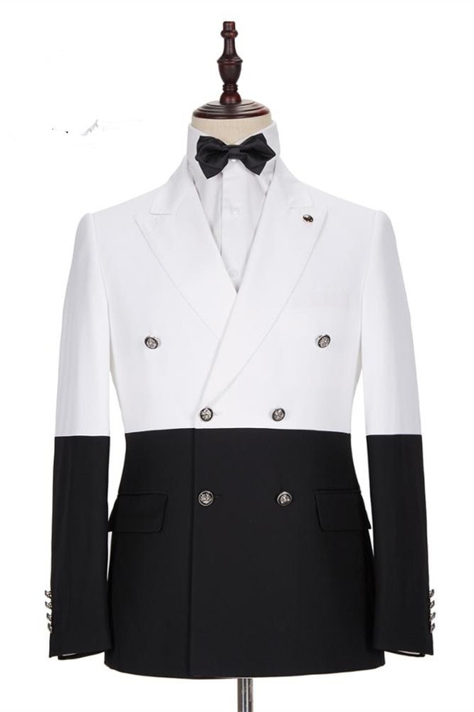 Simple White And Black Bespoke Wedding Blazer For Groom With Double Breasted | Ballbellas Ballbellas
