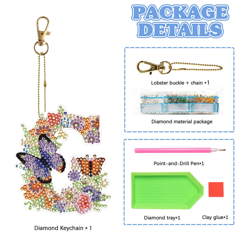 DIY G Diamond Art Key Rings Lettter Keychain Supplies Gift for Kids(Double Sided)