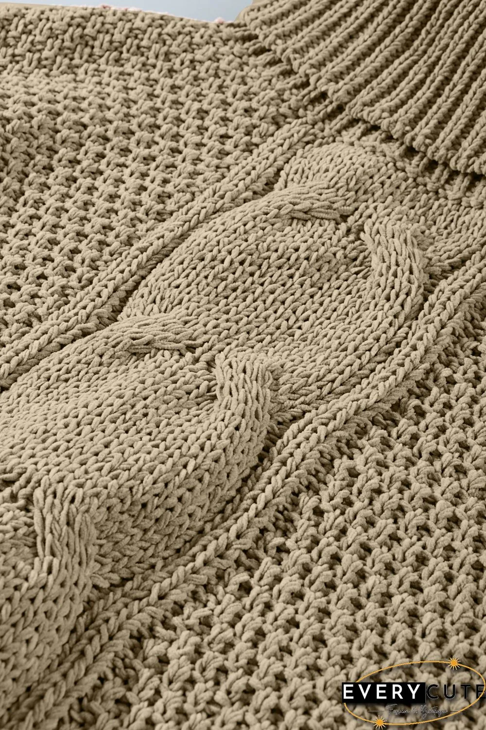 Khaki Solid Turtleneck Cable Knit Pullover Sweater