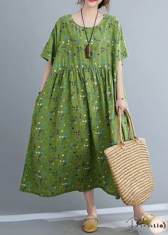 Modern Green Print Wrinkled Long Dresses Summer