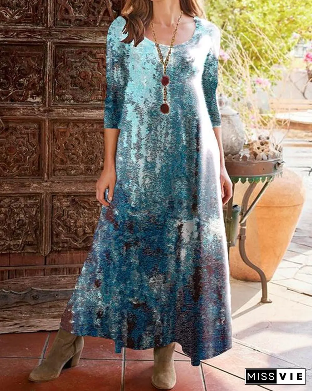 Retro Print Round Neck Three-quarter Sleeve Dress