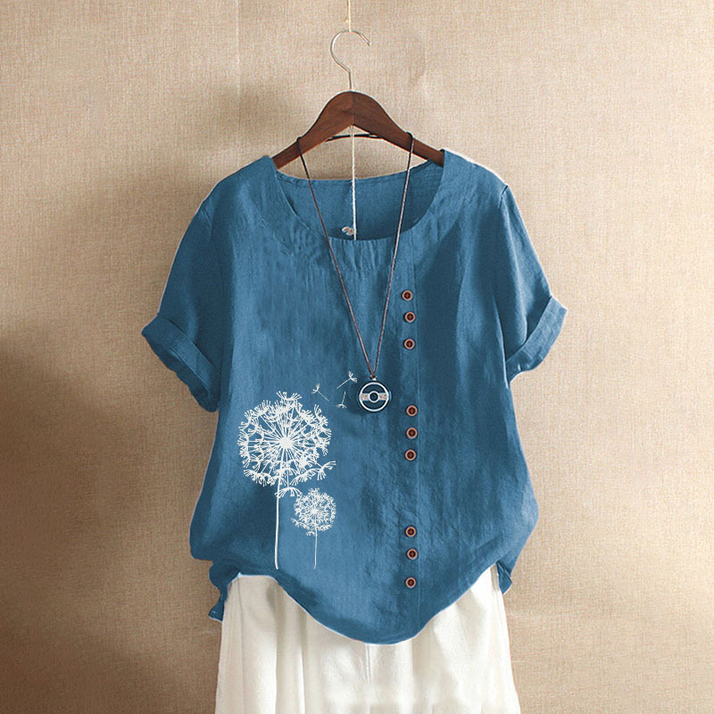 Wicketwarriorss Leisure Dandelion Print Blouse Lady Summer Retro Casual Loose Short Sleeved Pullover Cotton Linen Shirt For Women's Clothing