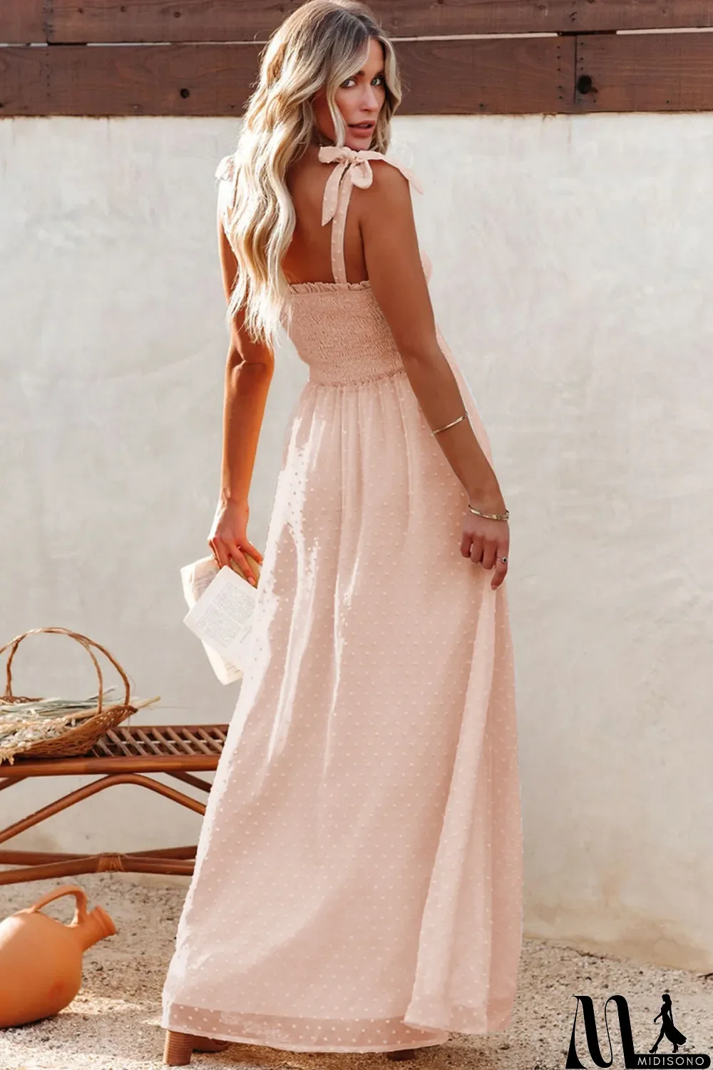 MidiSono - Beige Smocked Swiss Dot Maxi Dress