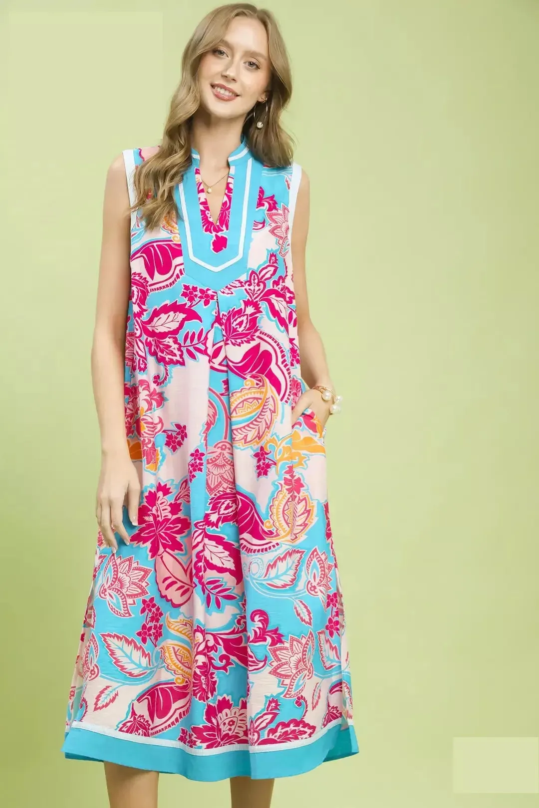 Umgee Floral Sleeveless Midi Dress with Side Pockets mysite idetrend