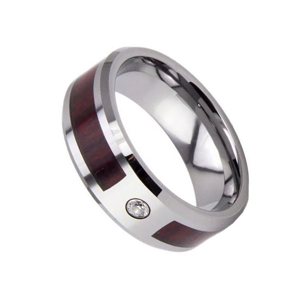 6MM 8MM Tungsten Carbide Zircon With Red Wood Inlay For Men Wedding Bands Comfort Fit