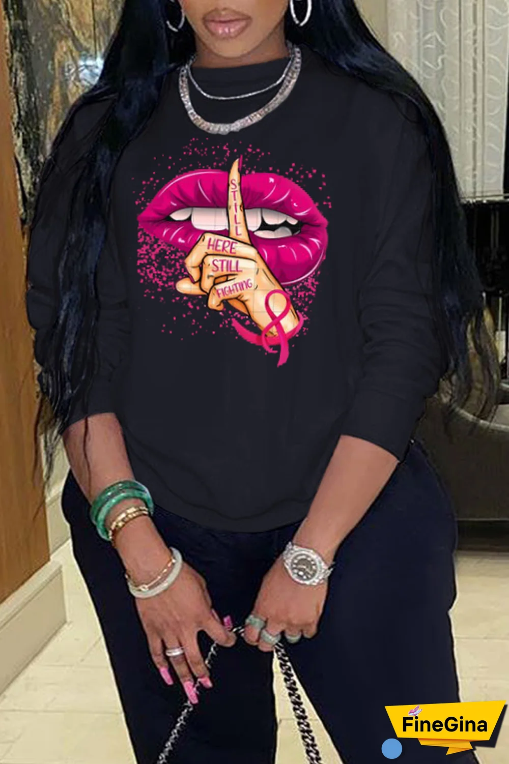 Blue Casual Street Lips Printed Patchwork O Neck Tops