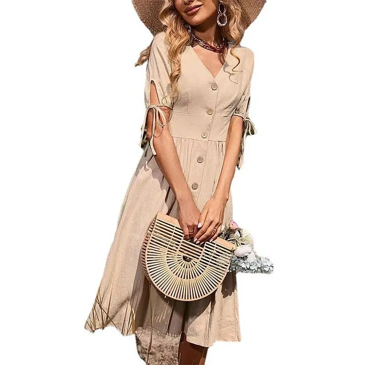 short sleeve dresses for the older lady Summer Elderly Women Short Sleeve Cotton & Linen Midi Dress For Senior  Ladies & Elderly Women Over 40, 50, 60 & 70