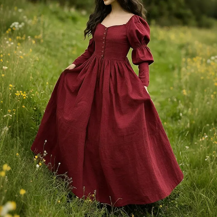 Vintage Classy Long Sleeve Pleated Maxi Dress