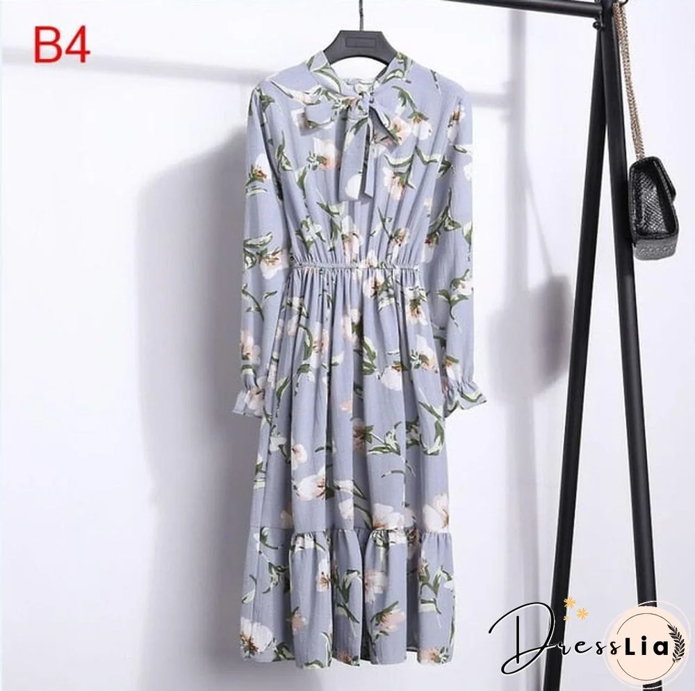 Winter Dress Women Long Sleeve Vintage Dress Chiffon Shirt Vestidos For Ladies Casual Floral Midi Autumn Dresses Polka Dot