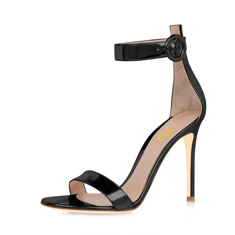 Black Patent Leather High Heel Shoes Open Toe Ankle Strap Sandals |FSJ Shoes