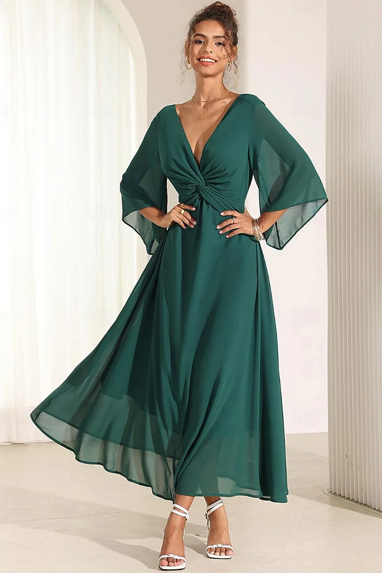 Semi Formal Dark Green Chiffon Flare Sleeve Twist Front Maxi Dress