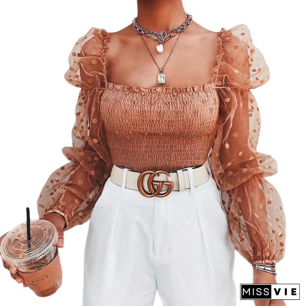 Sexy Women SquareNeck Lace See-through Polka Dot Puff Long Sleeve Elastic Crop Top Female Shirts Evening PartyClubwear