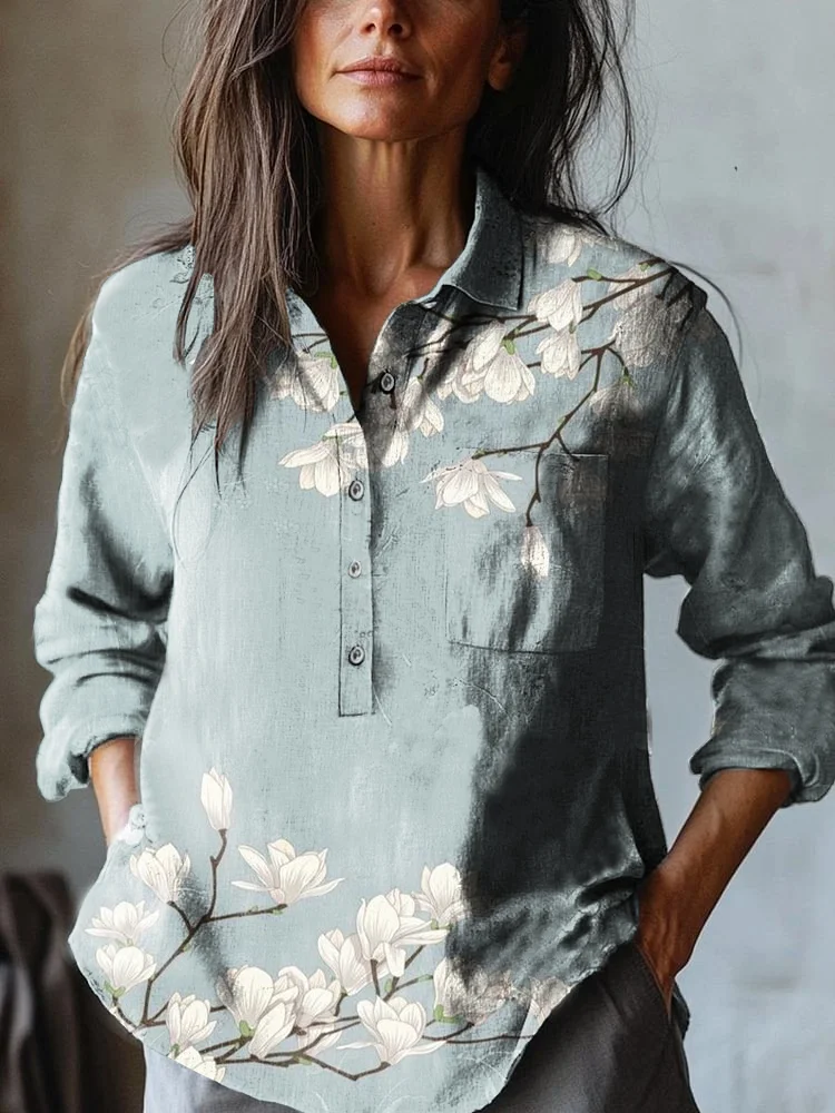 Women's Japanese Classic Flowers Art Print Casual Cotton And Linen Shirt