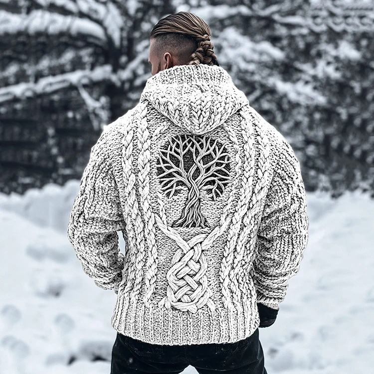 Men's Viking Tribal Tree Of Life Celtic Chunky Knit Hooded Sweater