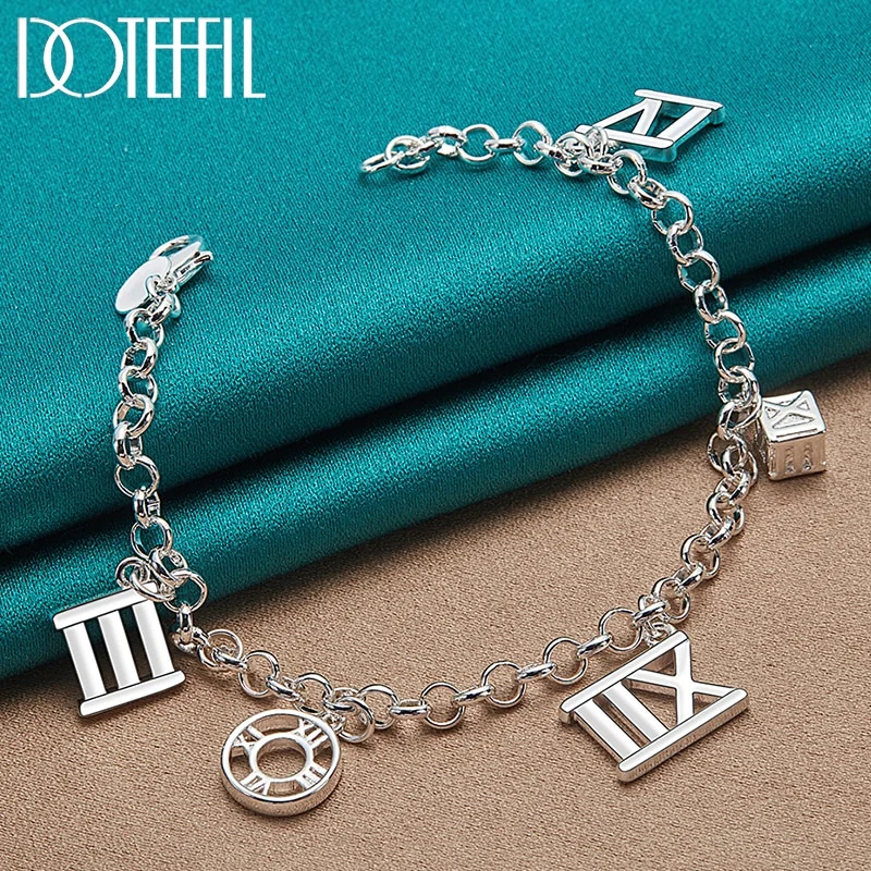 925 Sterling Silver Five Roman Numeral Pendant Bracelet Chain For Women Jewelry
