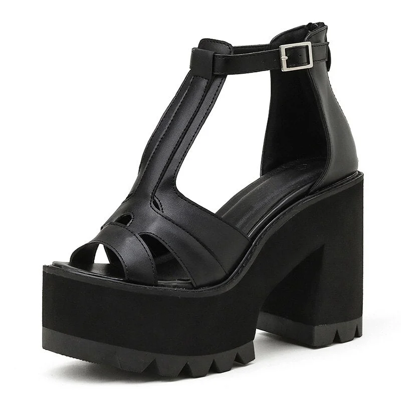 Gdgydh Open Toe Vintage Gladiator Sandals Women Shoes High Heels Black Leather PU T-strap Gothic Style Chunky Heel With Zipper