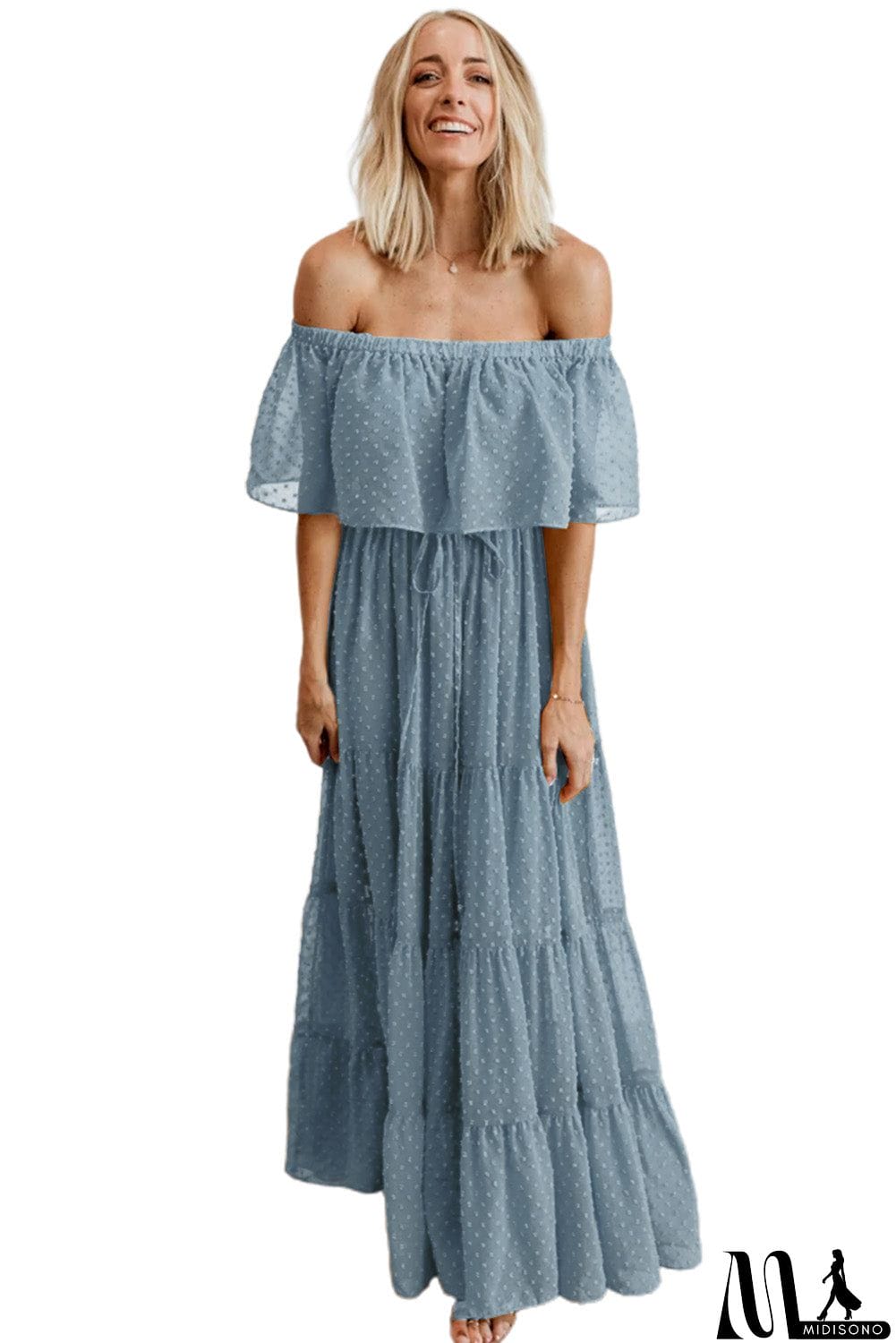 MidiSono - Rust Red Off Shoulder Ruffle Swiss Dot Maxi Dress