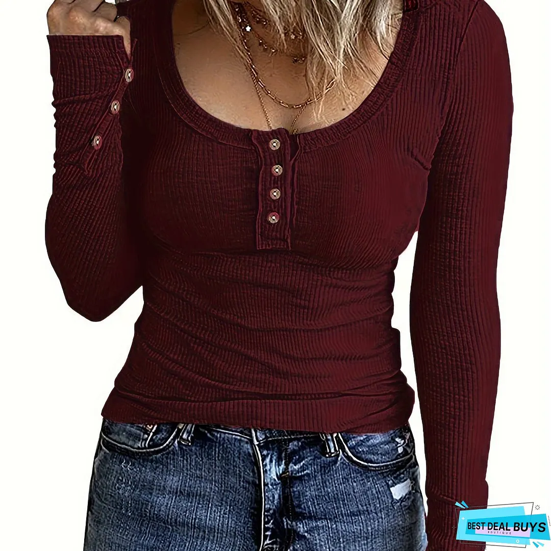 Casual Button Scoop Neck T-shirt, Loose Long Sleeve Slim Fit Fashion T-Shirts Tops, Women's Clothing