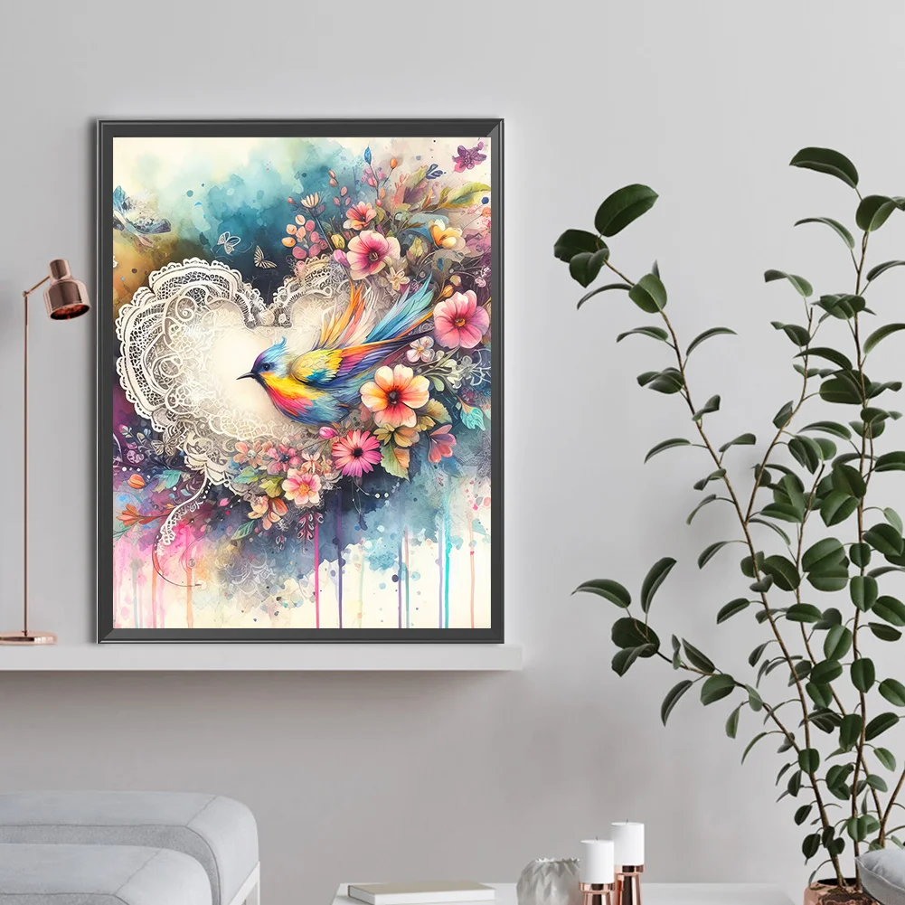Full Round Diamond Painting 30*40cm - Love Heart And Colorful Bird