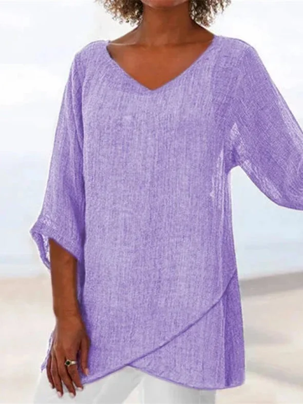 Women Asymmetrical Half Sleeve V-neck Solid Tops