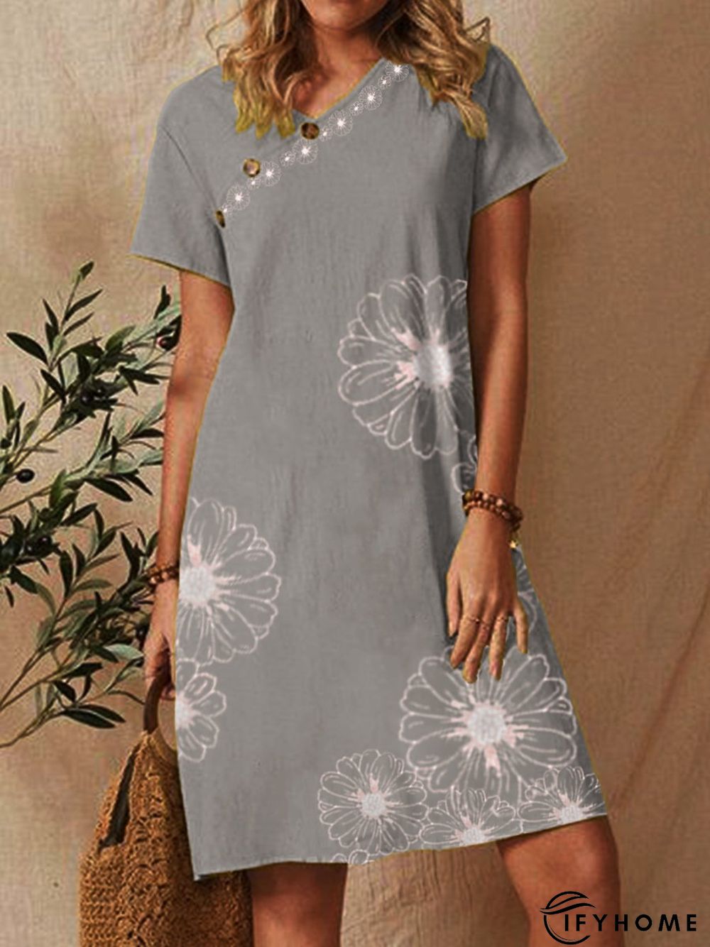 Shift Floral Floral-Print Short Sleeve Weaving Dress | IFYHOME