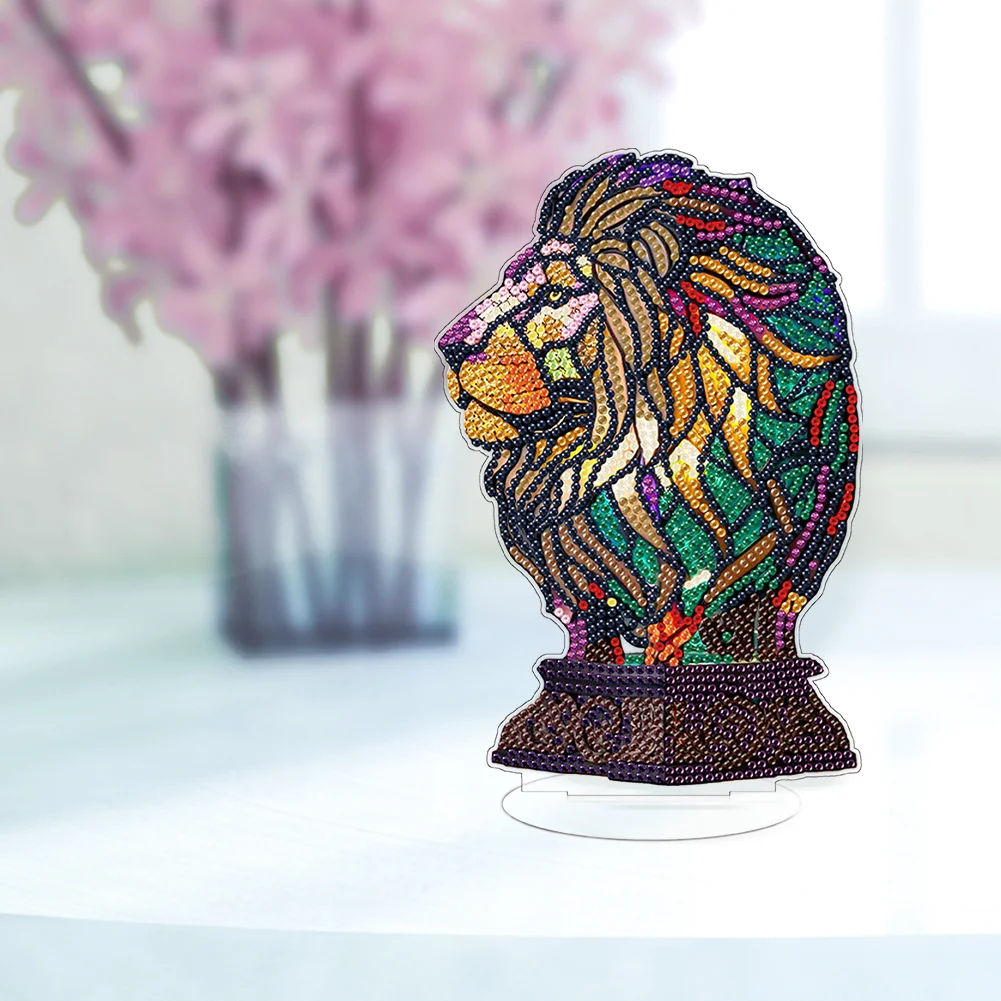 DIY Lion Acrylic Single-Sided Diamond Painting Desktop Decoration with Light for Office Desktop Decor