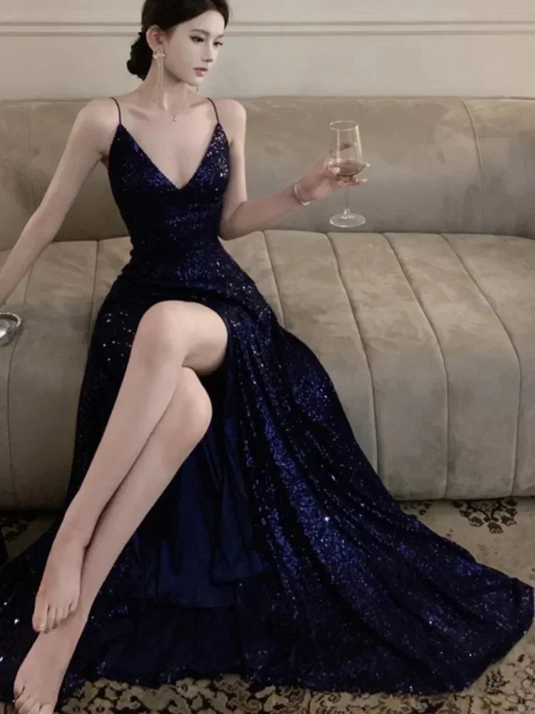 Abebey-Sexy Backless Evening Party Long Dresses for Women V-Neck Split Slim Spring Summer Luxury Sequins Prom Robe Birthday Vestido New