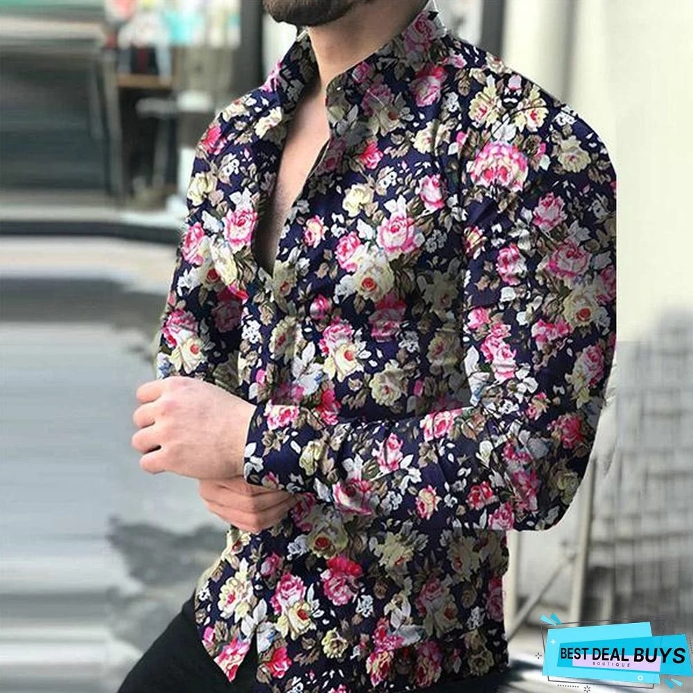 Men Fashion Spring Autumn Long Sleeve Floral Printed Shirts
