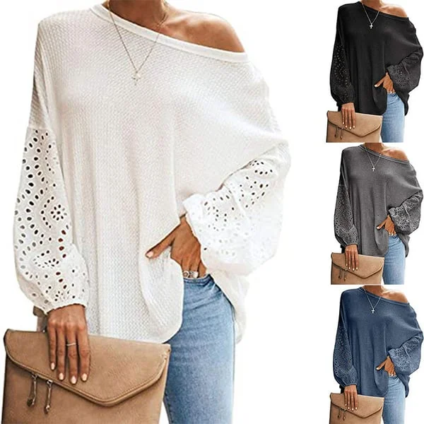 Women's Off Shoulder Sweater Waffle Knit Batwing Long Sleeve Loose Pullover Tops