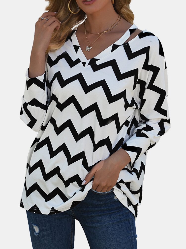 Striped Print V neck Long Sleeve Casual T Shirt For Women P1798853