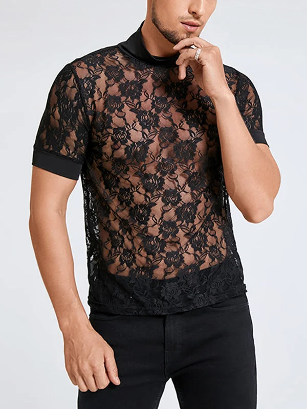 Aonga - Mens See-through Lace High Neck T-ShirtsH