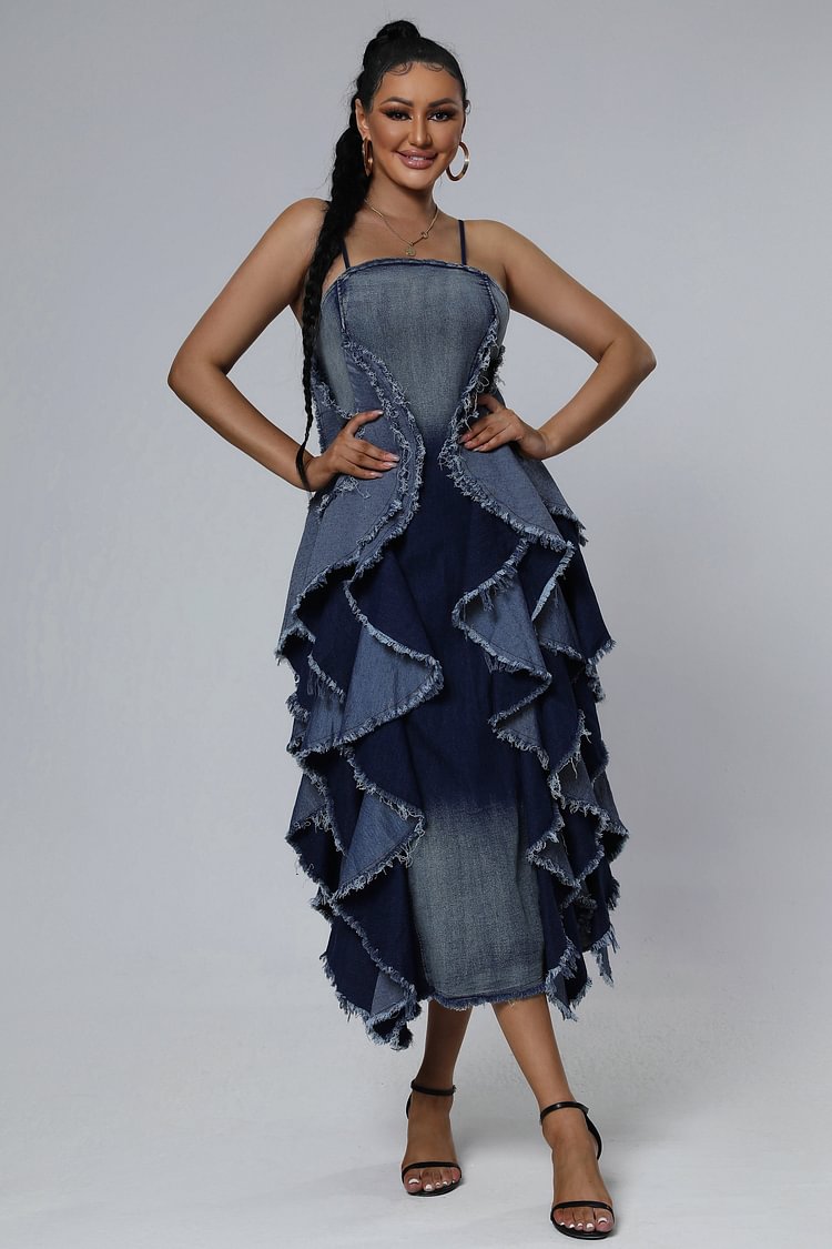 Denim Layered Ruffle Slip Dresses