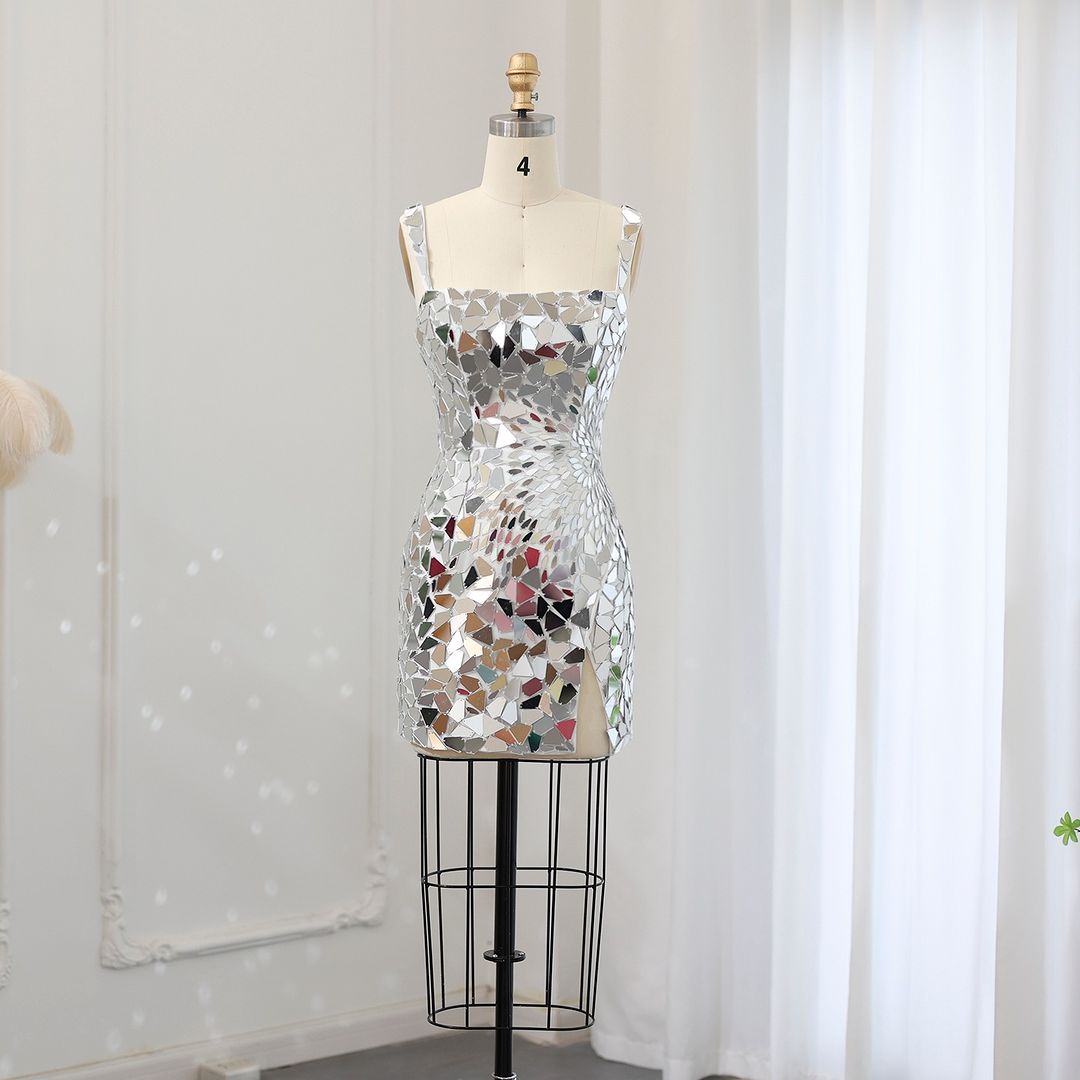 Lussooy Silver Sparkly Sequins Mini Short Cocktail Prom Dress