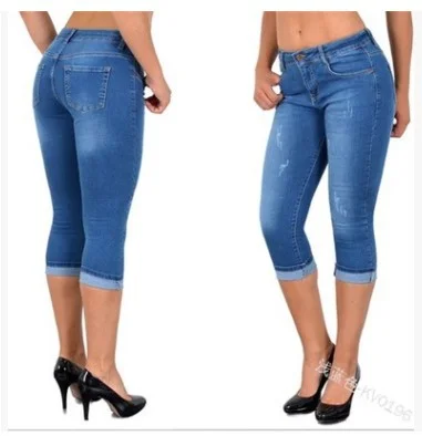 Uveng Uveng 2023 High-Waisted Simple Design Pocket Decoration Large-Size Roll-Over Denim Seven-Point Trousers