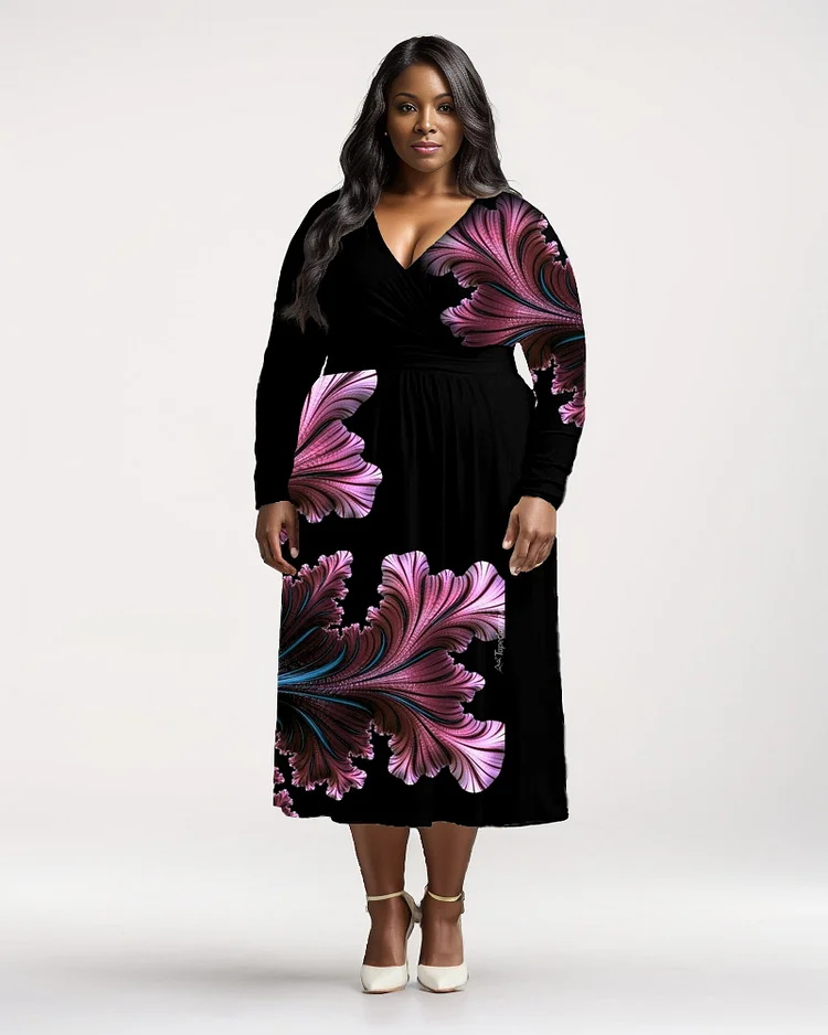 Plus Size Women's Chic Asymmetric Print Long Sleeve V Neck Dress