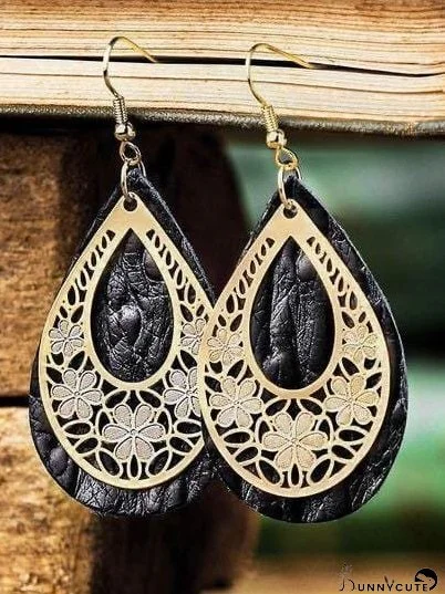 Hollow Out Floral Water Drop Leather Earrings for Women