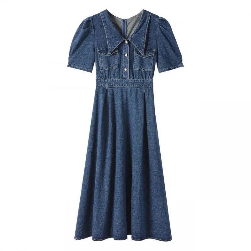 Tlbang Women Denim Dress Summer Short Sleeve Lapel Buttons Loose A-Line Long Dresses Vintage Blue Office Lady Jean Dress