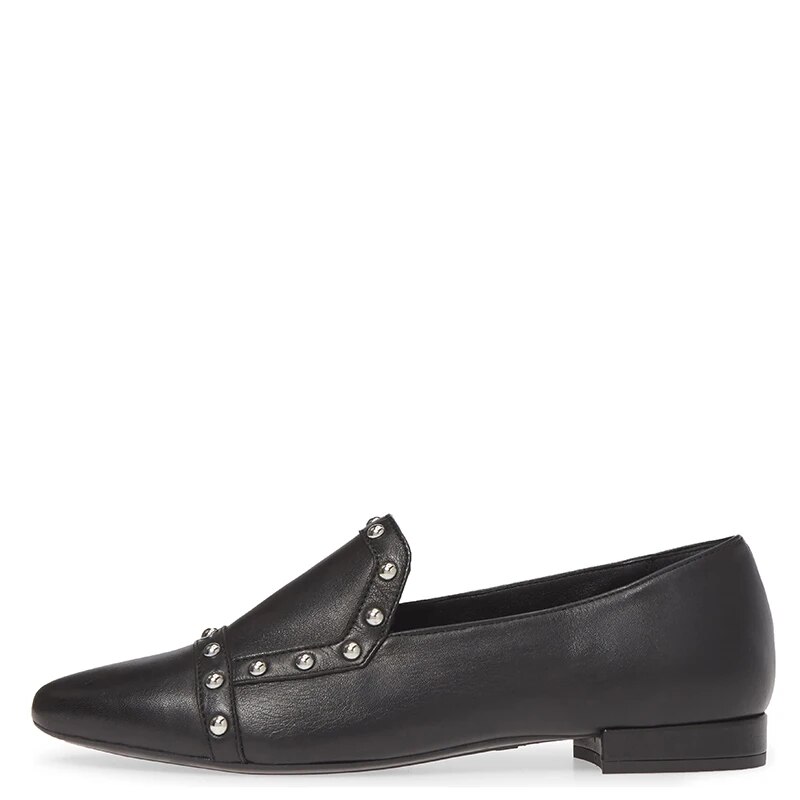 TAAFO Black Women Loafers Flats Chunky Pointed Toe Ladies Casual Rivets Shoes