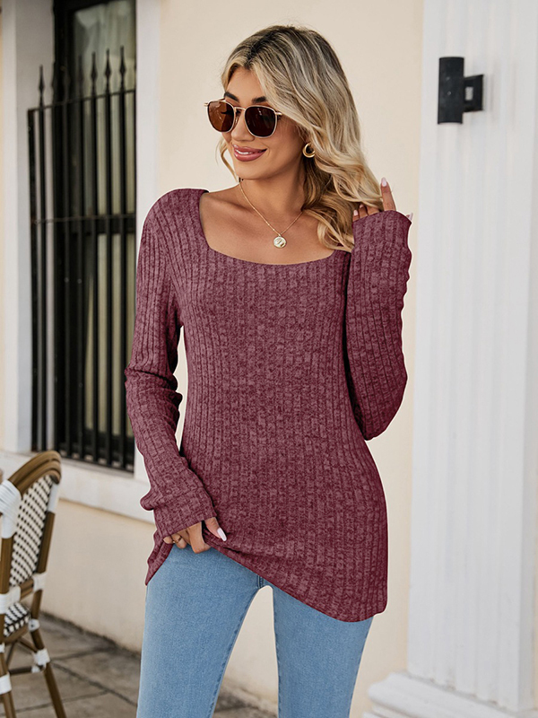 Casual Long Sleeves Skinny Solid Color Square-Neck Sweater Tops BURGUNDY-2XL