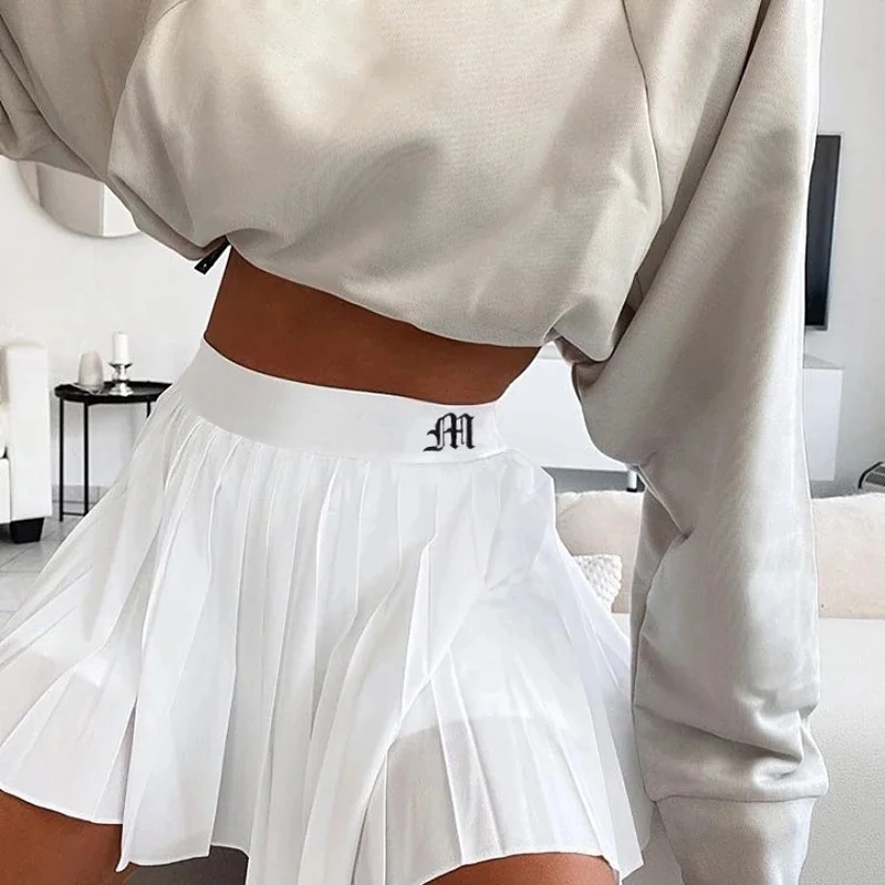 Uveng Uveng White Pleated Skirt Short Female Elastic Waist Mini Skirt Sexy Micro Summer Embroidery Mini Tennis Skirt New Style