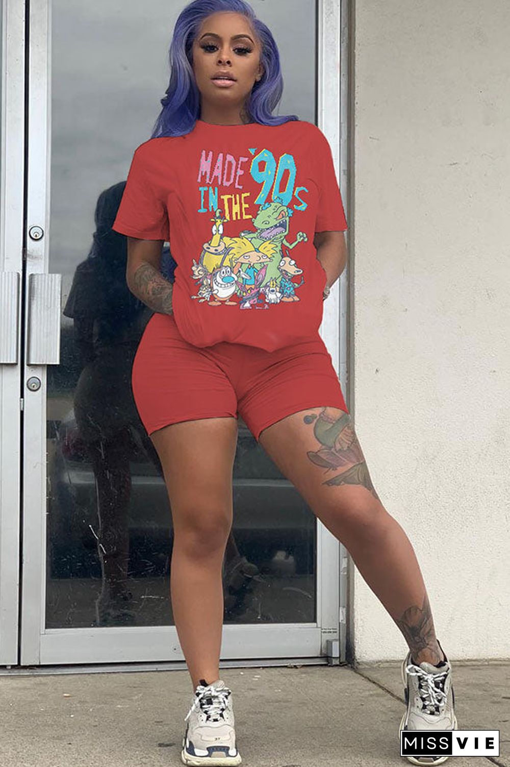 Fashion Casual Character Print Short Sleeve Two Pieces